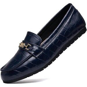 Women Royal Blue Polyurethane Accent Buckle Leisure Slip On Walking Flats Shoes